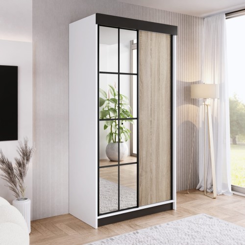 Szafa ARI 1 100 - korpus Biały + front Dąb Sonoma + wstawki Czarne + Lustra.jpg