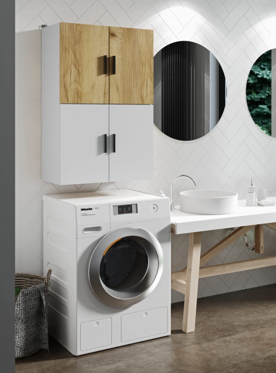 Szafka nad pralkę - wisząca - Biały + Biały + Dąb Craft Złoty.jpg