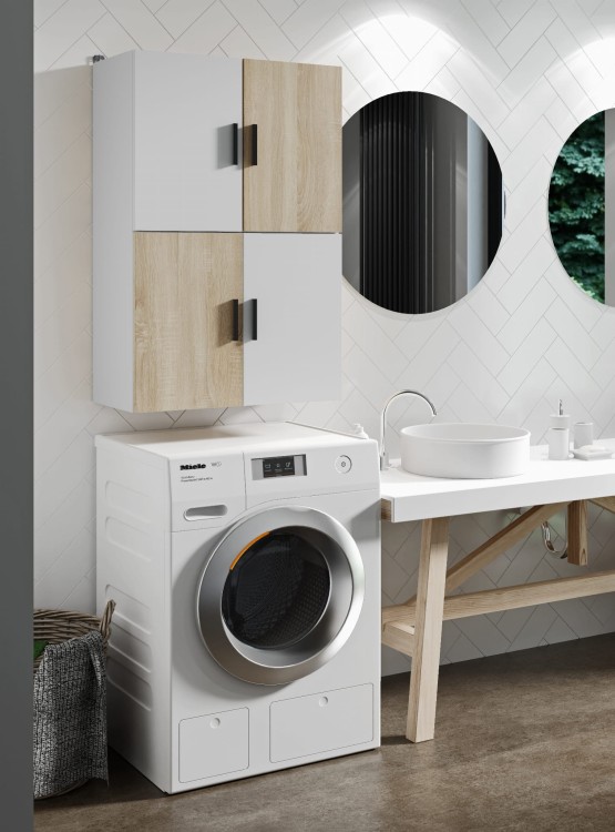 Szafka nad pralkę - wisząca - Biały + Biały + Dąb Sonoma.jpg