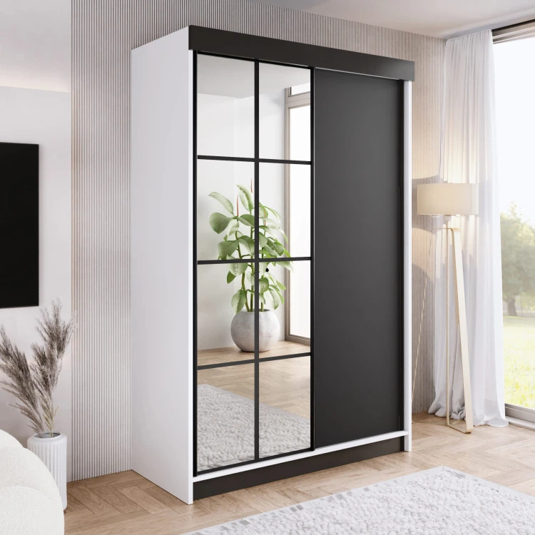 Szafa ARI 1 150 - korpus Biały + front Czarny + wstawki Czarne + Lustra.jpg