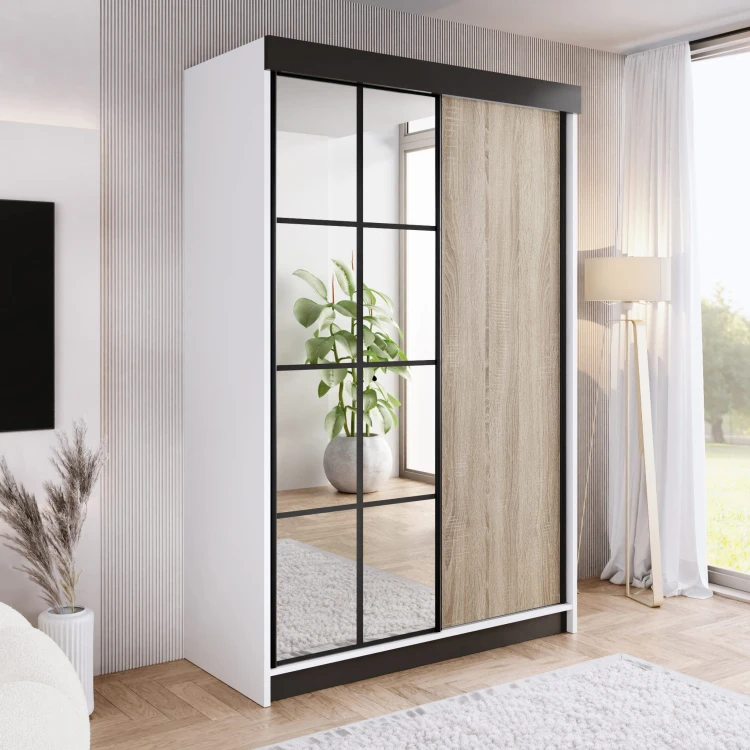 Szafa ARI 1 150 - korpus Biały + front Dąb Sonoma + wstawki Czarne + Lustra.jpg