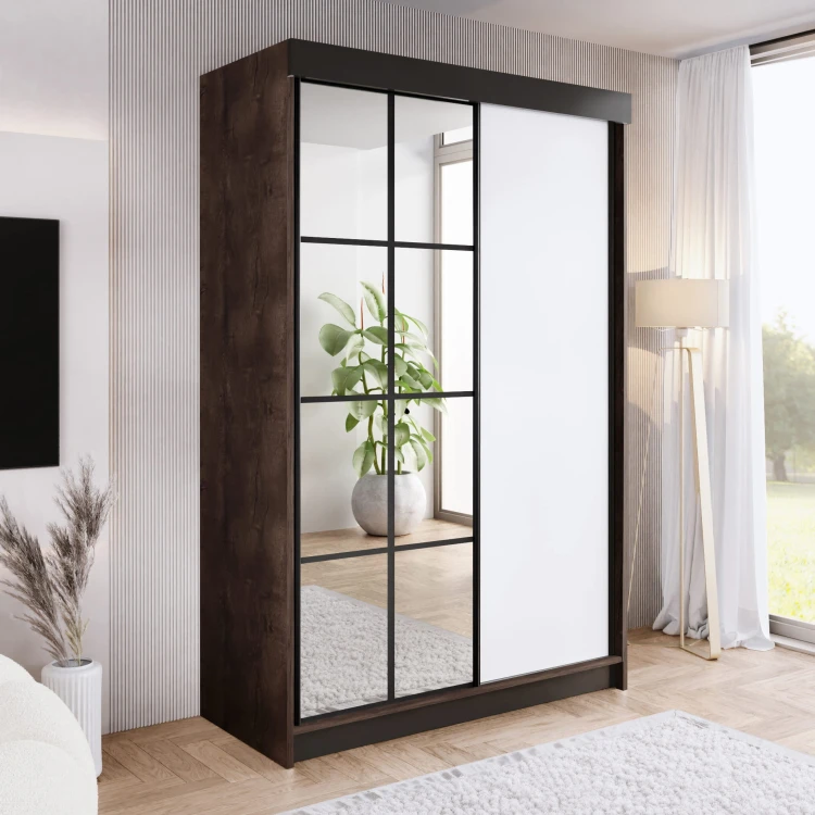 Szafa ARI 1 150 - korpus Jesion Ciemny + front Biały + wstawki Czarne + Lustra.jpg