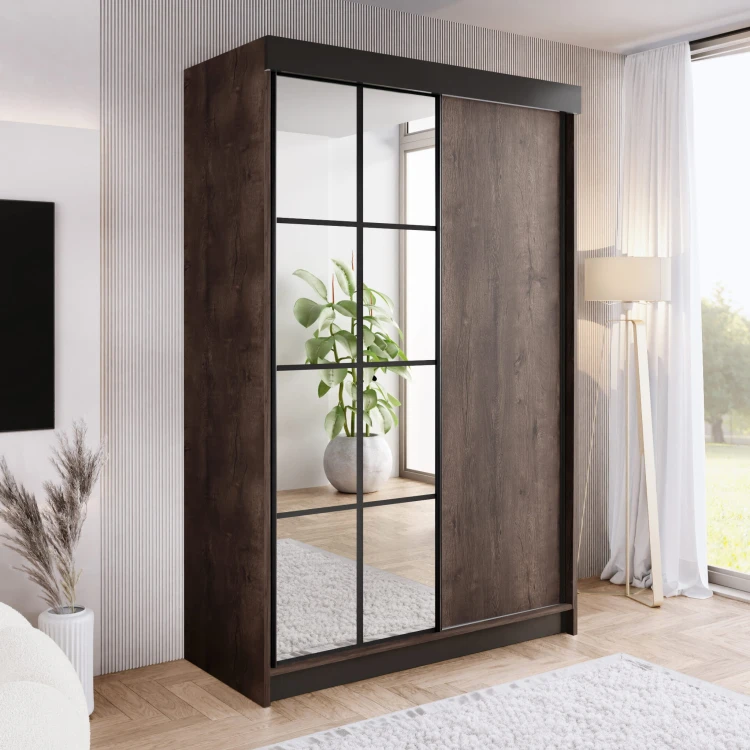 Szafa ARI 1 150 - korpus Jesion Ciemny + front Jesion Ciemny + wstawki Czarne + Lustra.jpg