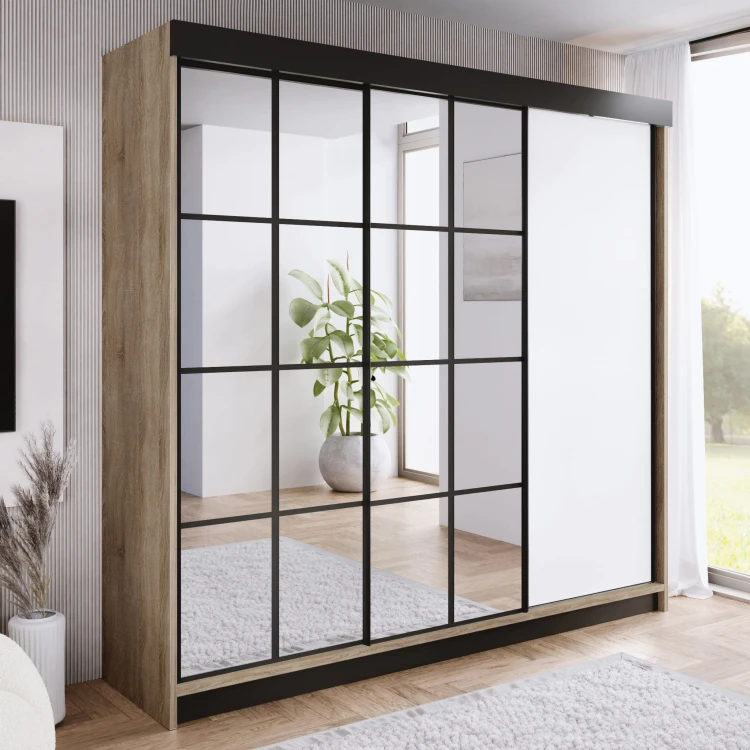 Szafa ARI 2 250 - korpus Dąb Sonoma + front Biały + wstawki Czarne + Lustra.jpg