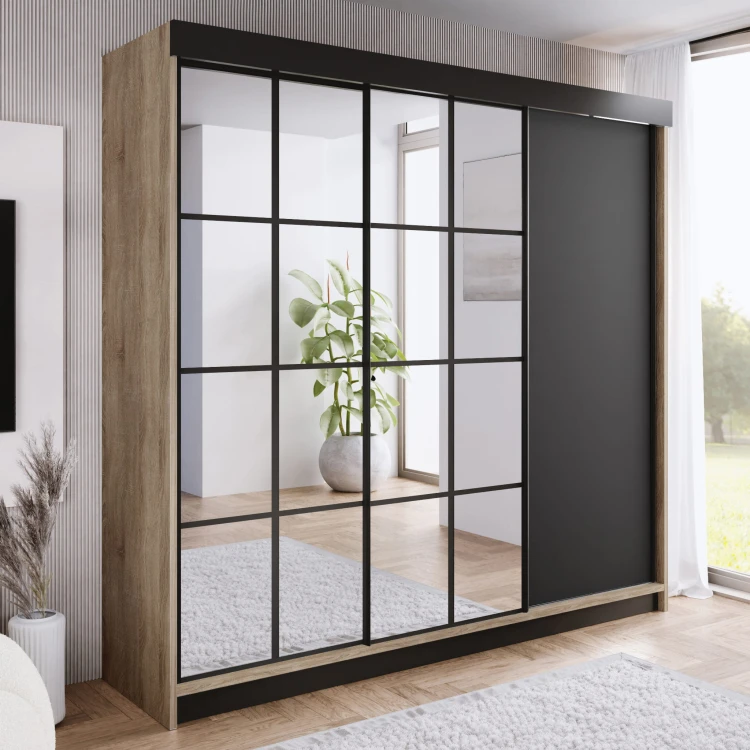 Szafa ARI 2 250 - korpus Dąb Sonoma + front Czarny + wstawki Czarne + Lustra.jpg